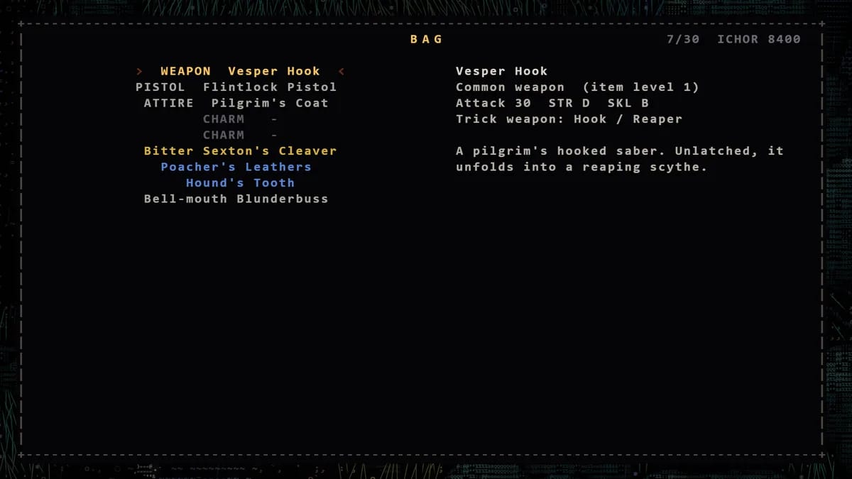 The BAG: the equipped weapon, pistol, attire and two charm slots on the left with the items carried under them, colour-coded by rarity, and on the right the selected Vesper Hook with its attack, scaling and description.