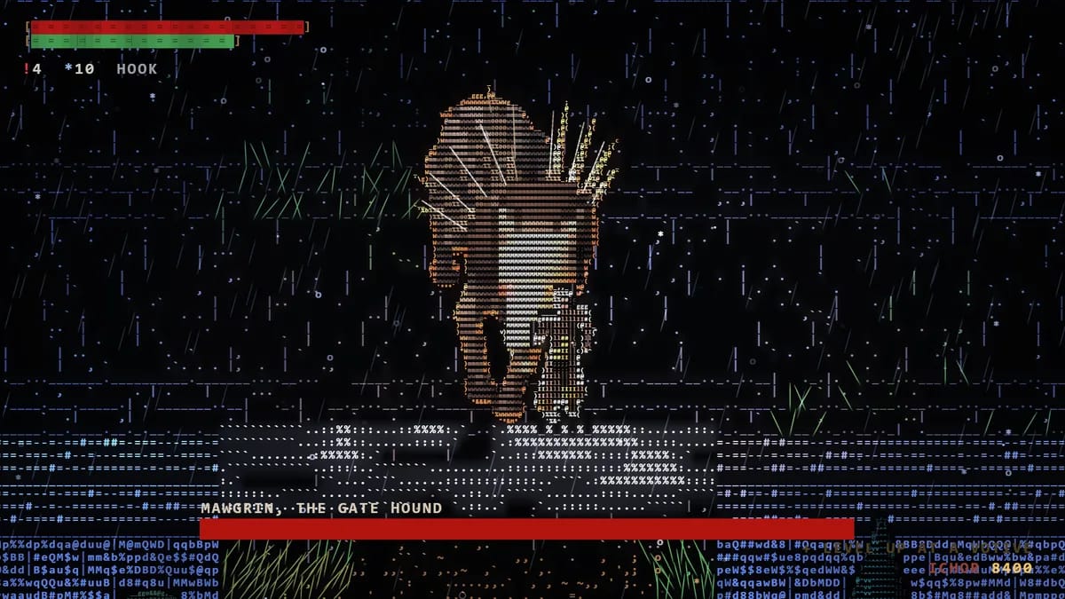 Mawgrin, the Gate Hound, a gaunt giant hound with a crown of quills round its neck, facing the pilgrim in Gate Square, its name and health bar at the bottom of the screen.