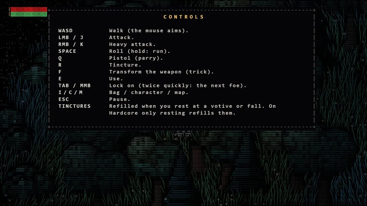 The CONTROLS screen: every key next to what it does, from WASD to walk to Esc to pause, and how tinctures refill.