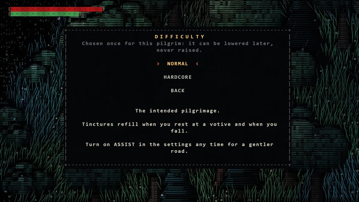 The DIFFICULTY screen: NORMAL selected over HARDCORE, with the line that it is chosen once for this pilgrim and can be lowered later, never raised.