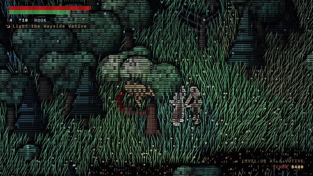 The pilgrim locked on to a hunched townsman in the tall grass, a red ring under the foe, a hound circling to the right.