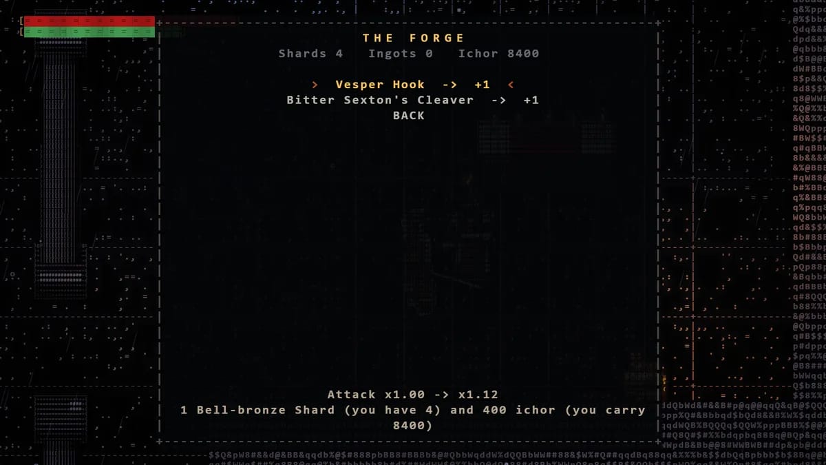 THE FORGE: the Vesper Hook with an arrow to +1, the attack multiplier going from x1.00 to x1.12, and the cost of one bell-bronze shard and 400 ichor.
