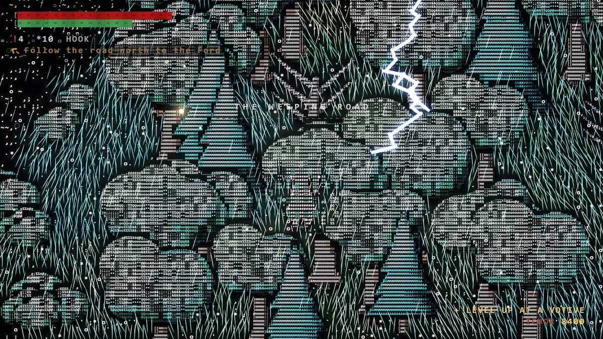 Lightning forking down through the rain over the pilgrim, the whole scene lit white for an instant, shadows thrown away from the strike.