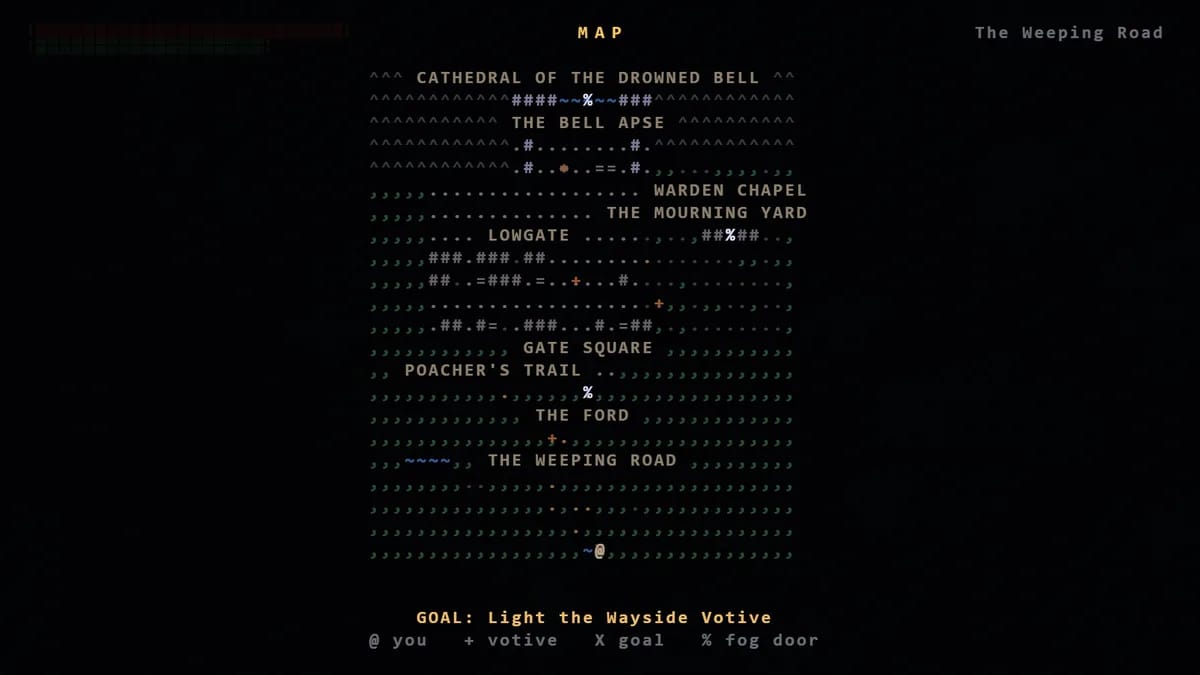 The MAP: the areas you have seen with their names, from the Weeping Road at the bottom to the cathedral at the top, votives, fog doors and the goal marked.