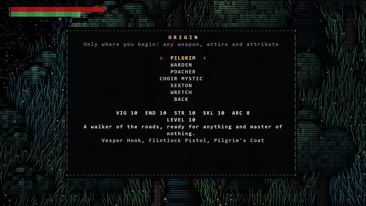 The ORIGIN screen: Pilgrim, Warden, Poacher, Choir Mystic, Sexton and Wretch listed in a frame, the Pilgrim selected, with its five attributes, its level and its kit under the list.