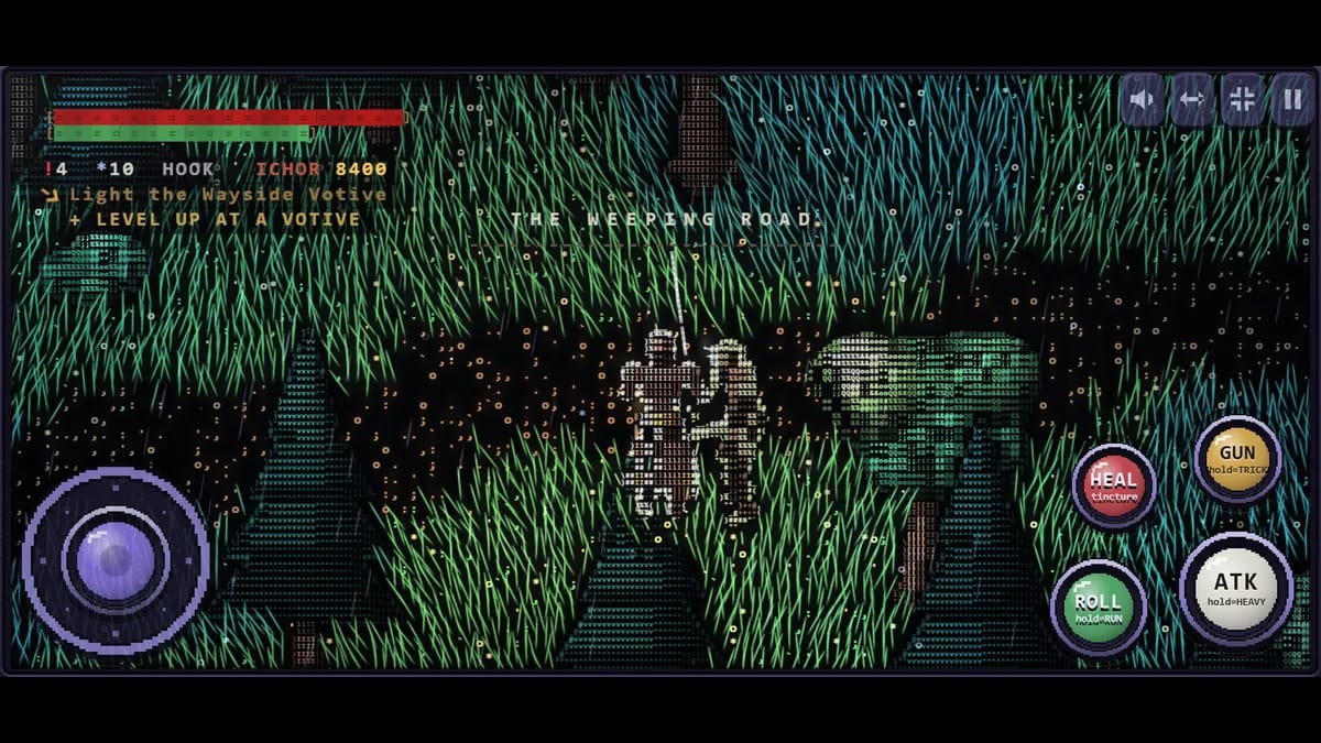 Hollowmere on a phone held sideways: the game fills the screen, the stick bottom left, ATK, ROLL, HEAL and GUN in an arc bottom right, and the sound, fullscreen and pause buttons top right.