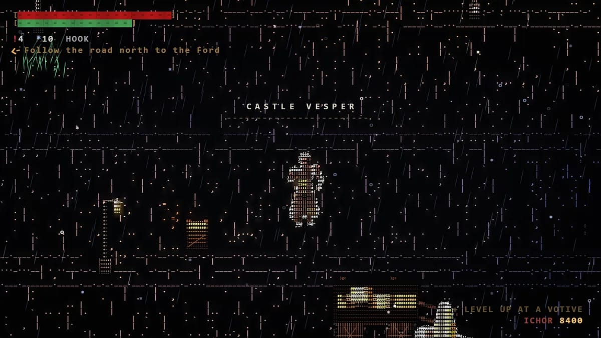 The bailey of Castle Vesper at night: lamp posts and torches, barracks walls, crates and puddles on the cobbles.