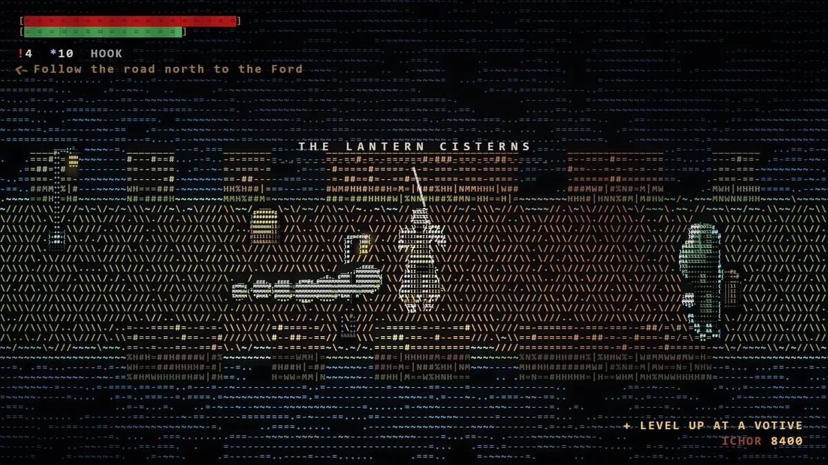 The Lantern Cisterns: brick causeways over black water lit by pale green lamps, a rat swarm and a skull on the edge of the light.