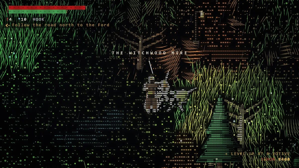 The Witchwood Mire: a boardwalk through drowned trees and bog, reeds and witch-light mushrooms.