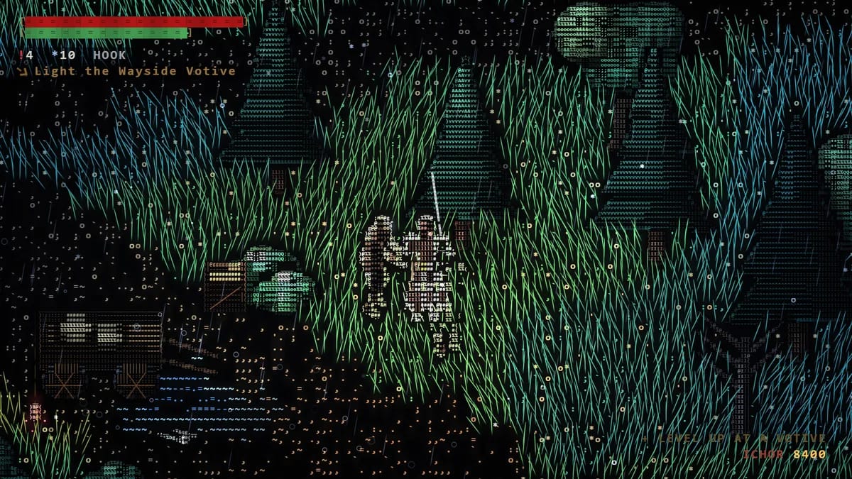 The pilgrim on the Weeping Road at night in the rain, tall grass bending in the wind. Top left: the red health bar and the green stamina bar in iron frames, under them the tinctures, the pistol shot and the weapon's form, and the current goal with an arrow pointing along the way.