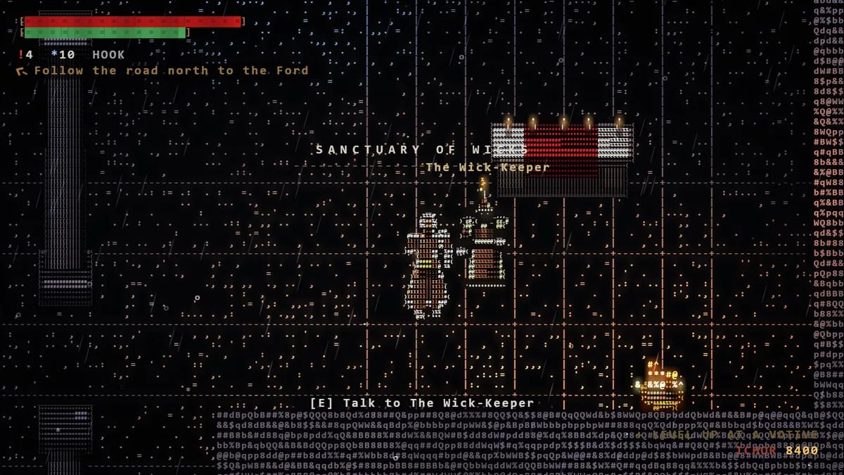 The Sanctuary of Wicks: a candlelit court, the pilgrim beside the tall hooded Wick-Keeper with a flame burning on his head, candles on posts round the court.