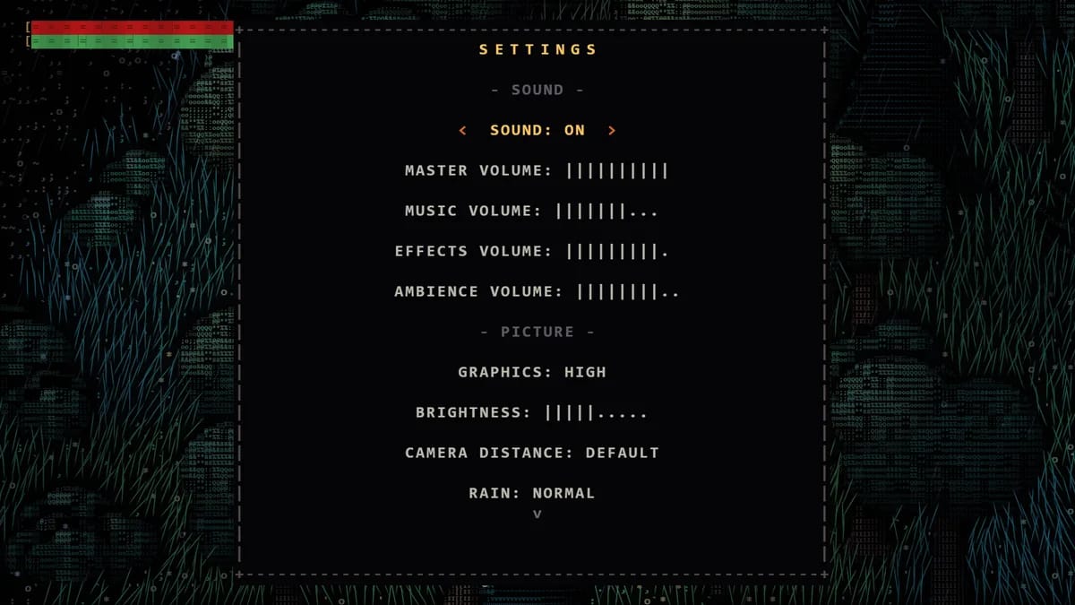 The SETTINGS screen: sound volumes (master, music, effects, ambience), then the picture settings: graphics, brightness, camera, rain, blood.