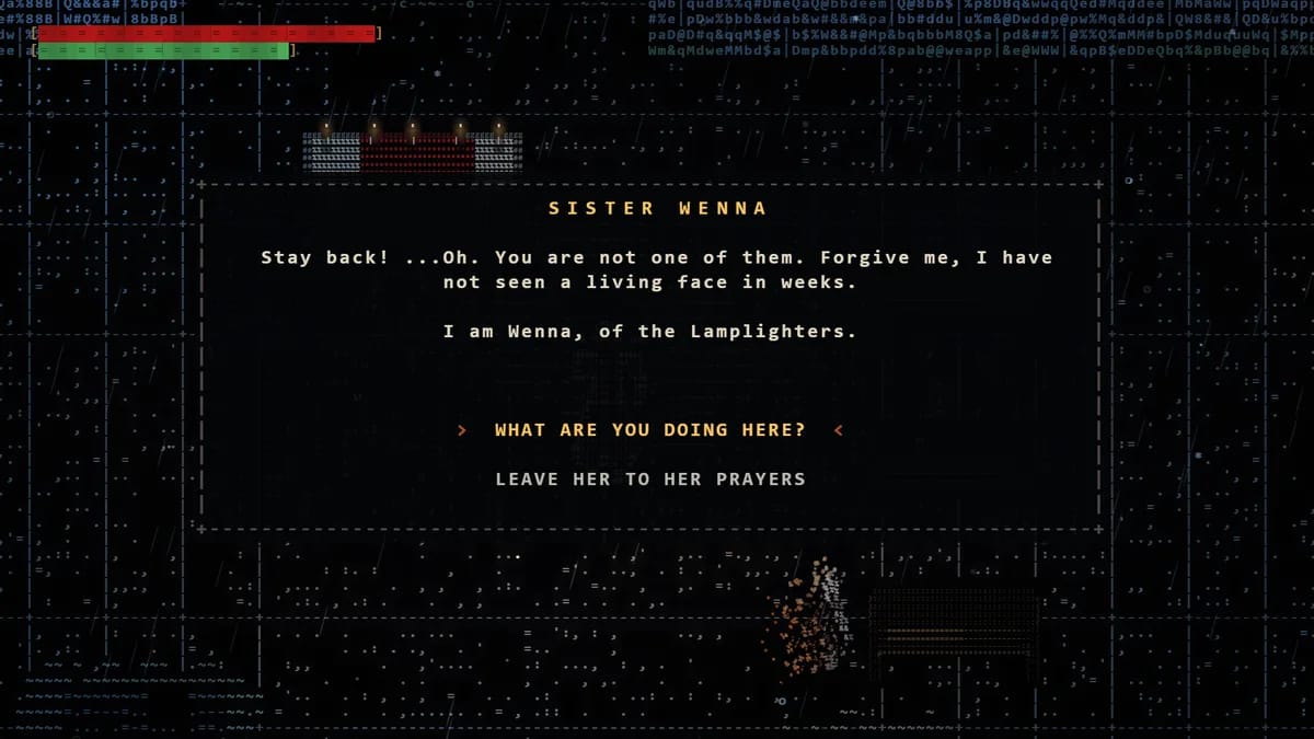 A conversation with Sister Wenna, her words written out in a panel, with two answers to choose from.