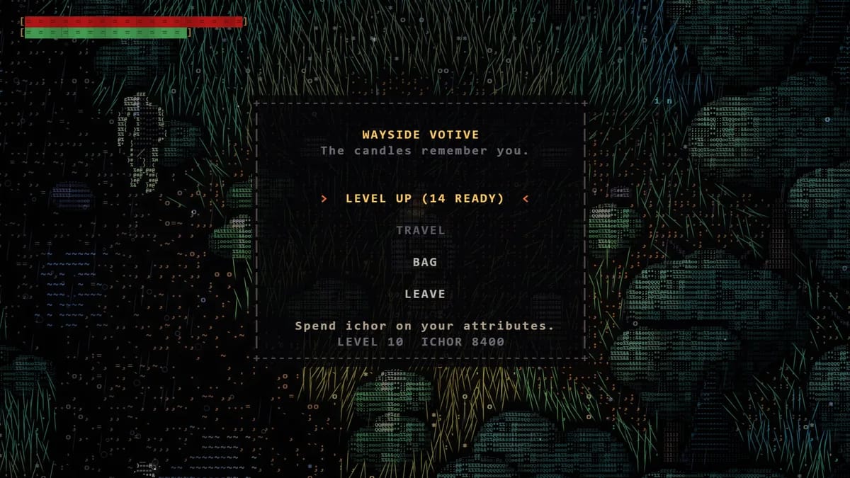 The Wayside Votive menu over the grass: LEVEL UP with a count of the levels ready, TRAVEL, BAG and LEAVE, with the pilgrim's level and ichor at the bottom.