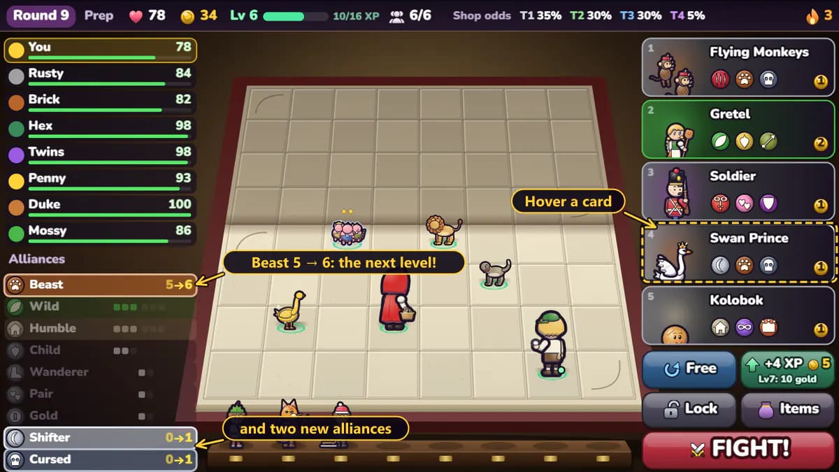 The Swan Prince card hovered in the shop. The alliances list lights up Beast with 5 arrow 6, and two new rows at the bottom read Shifter 0 arrow 1 and Cursed 0 arrow 1; the other alliances are dimmed.
