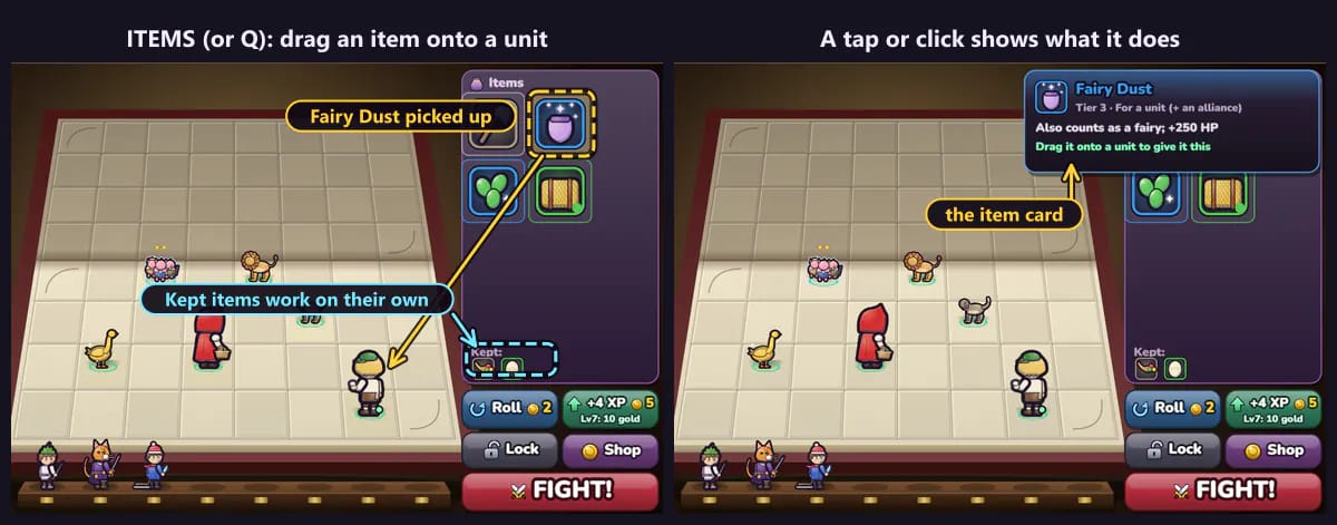The items view in place of the shop. Left: Fairy Dust is picked up among an axe, magic beans and a hay bale, an arrow shows dragging it onto a unit on the page, and the kept items Cornucopia and Guardian Egg are marked at the bottom. Right: the Fairy Dust card reads Tier 3, for a unit plus an alliance: also counts as a fairy, plus 250 HP. Drag it onto a unit to give it this.