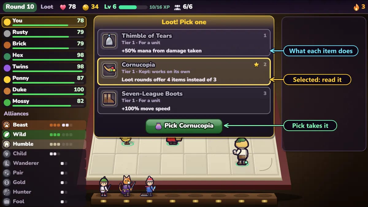 The loot pick: Thimble of Tears, Cornucopia and Seven-League Boots, each with its effect written out; Cornucopia is selected and the button reads Pick Cornucopia.