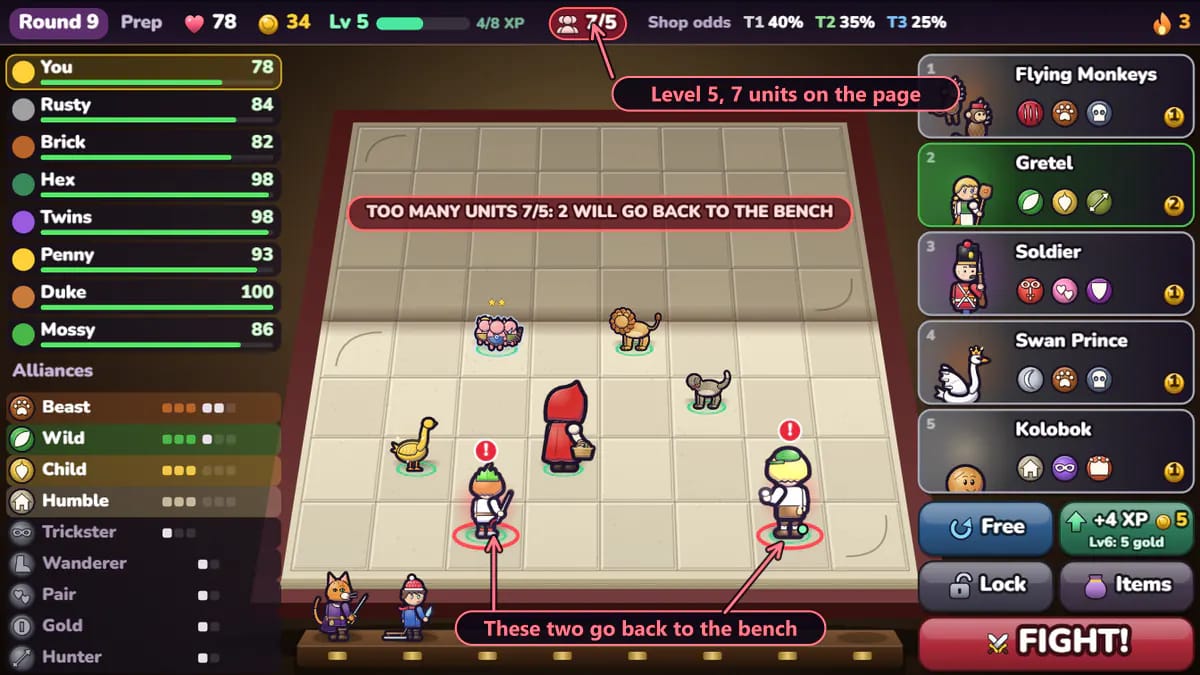 Seven units on a level 5 page. The counter in the top bar reads 7 of 5 in red, a red banner over the book reads Too many units 7/5: 2 will go back to the bench, and two units on the page stand on red rings with exclamation marks.