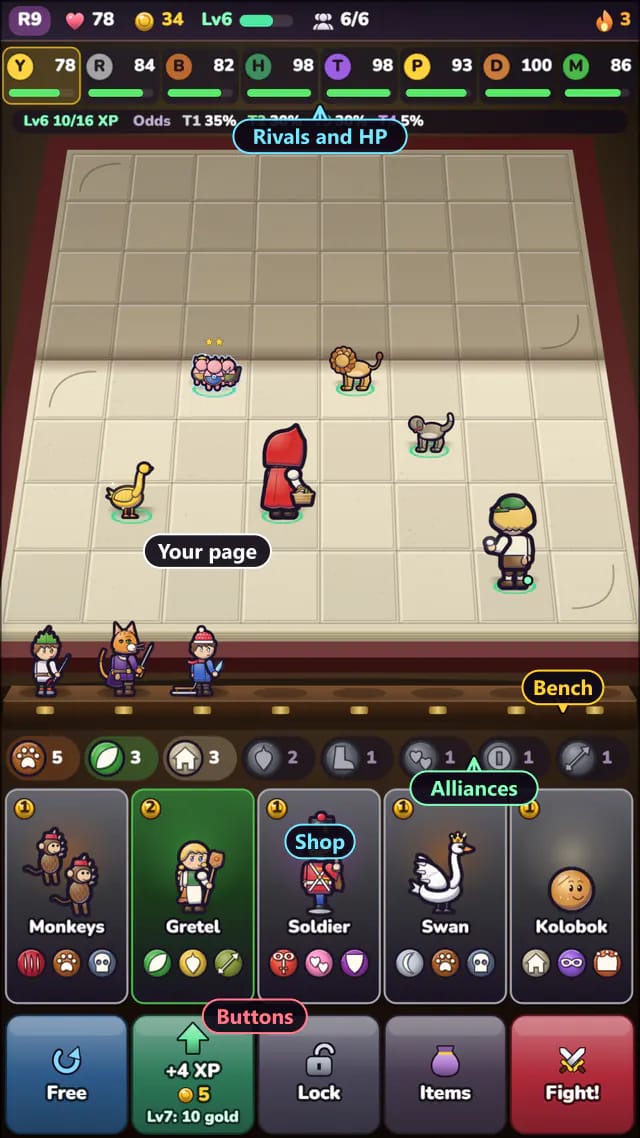 Pixel Muster on a phone held upright, labeled: the rivals and their HP across the top, your page in the middle of the book, the bench, a row of alliance chips, five tall shop cards and five big buttons at the bottom.