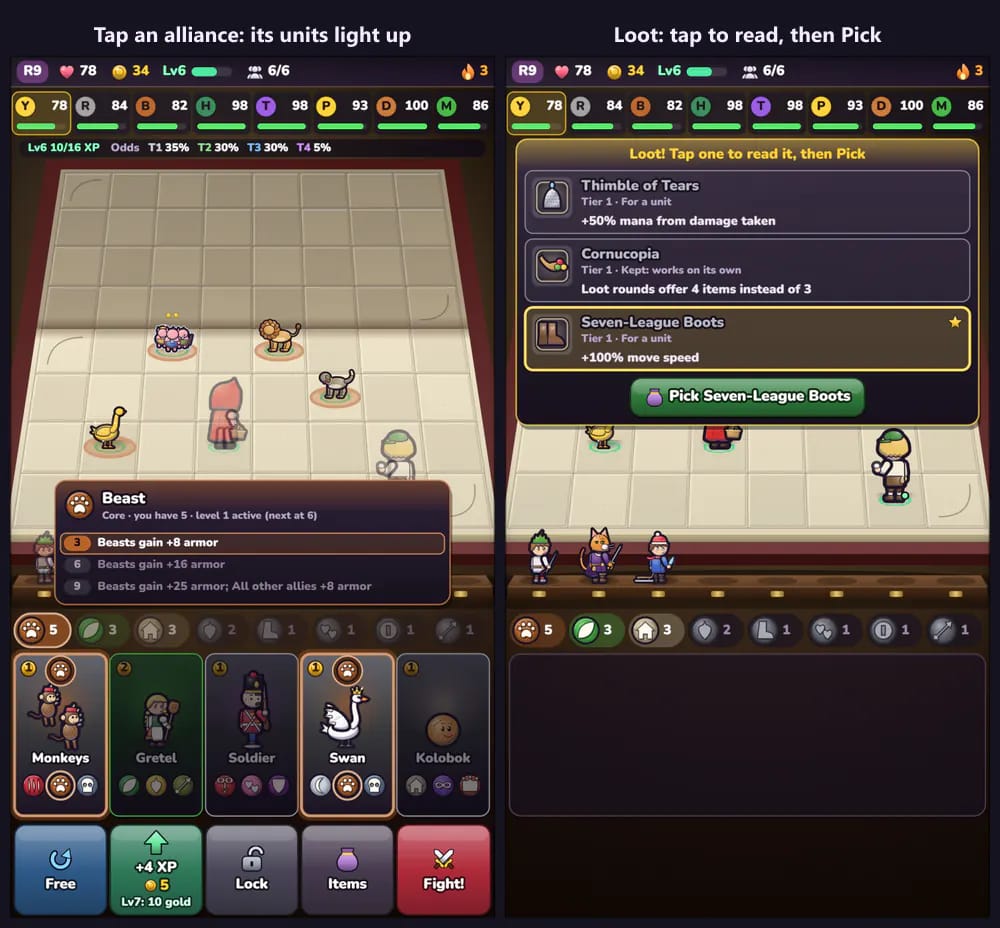 Two phone screens. Left: the Beast alliance tapped: its card shows the levels, the Beast shop cards glow with a badge and the Beast units on the page and bench stand on rings. Right: the loot pick on a phone with Seven-League Boots selected and a green button reading Pick Seven-League Boots.