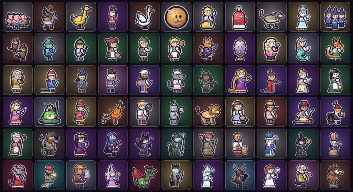 All 66 Pixel Muster figures in a grid, from tier 1 to tier 5: from the Three Little Pigs, the Bremen Musicians and the Golden Goose to the Snow Queen, Krampus, Glinda, Drosselmeyer and the Roc, each on a small card in the color of its alliance.